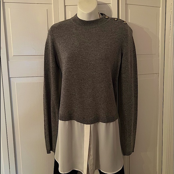 Aqua | Cashmere mock sweater w/ fringe button up blouse - Picture 2 of 2